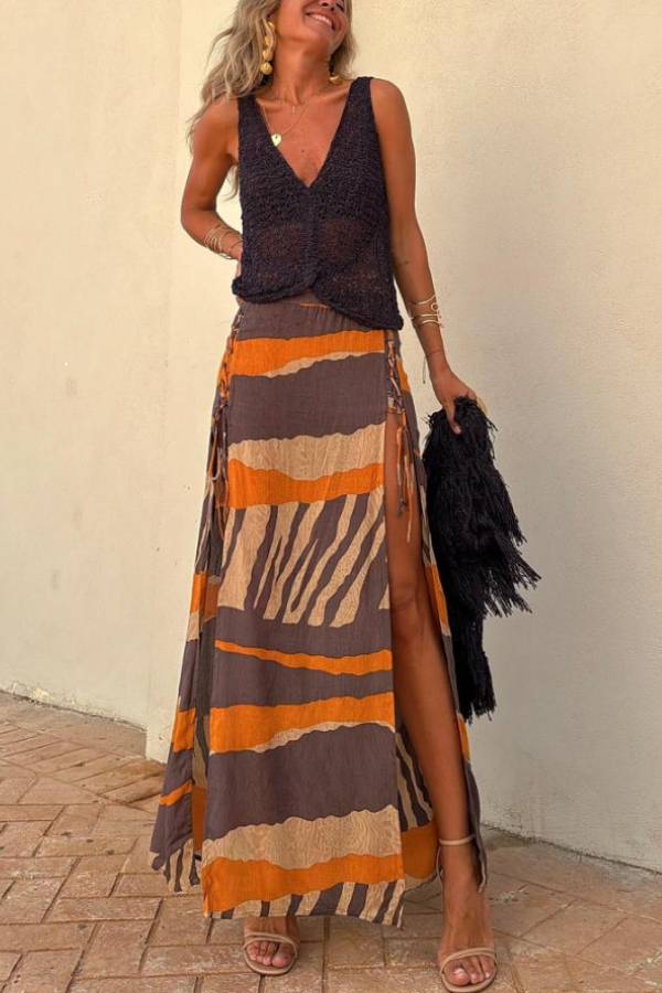 Joanne™ | Block Color Print & Side Laces Long Skirt
