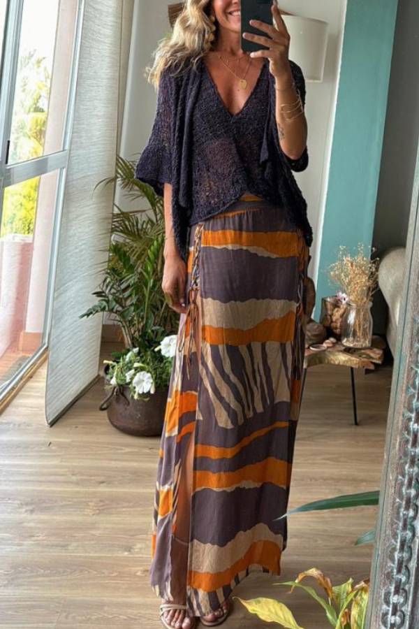 Joanne™ | Block Color Print & Side Laces Long Skirt