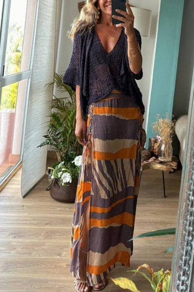 Joanne™ | Block Color Print & Side Laces Long Skirt