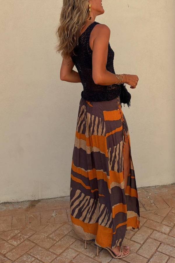 Joanne™ | Block Color Print & Side Laces Long Skirt