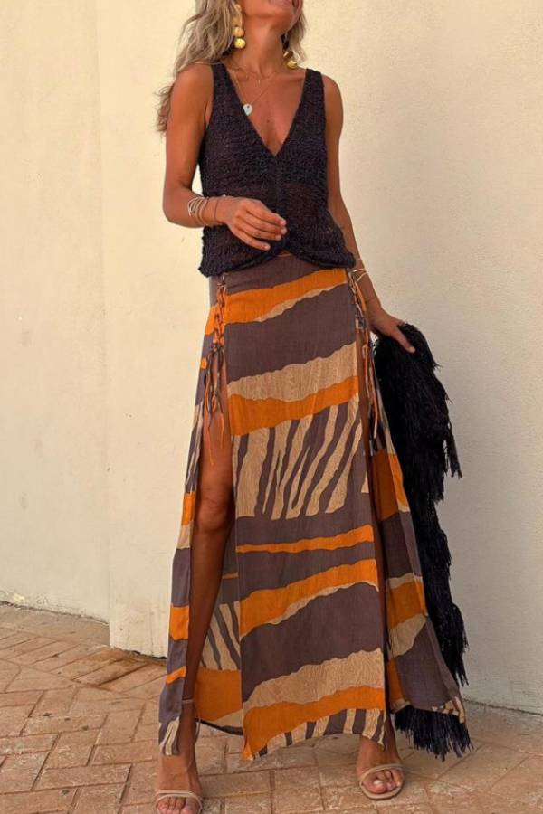 Joanne™ | Block Color Print & Side Laces Long Skirt